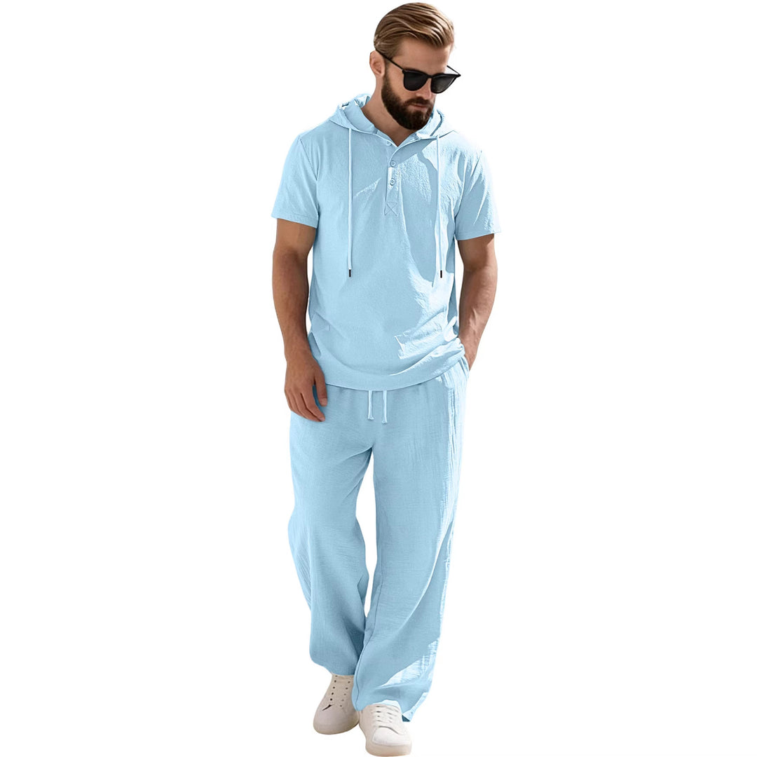 Men's casual short-sleeve hooded shirt in crinkled cotton blend with Henley button placket Mune Fashion
