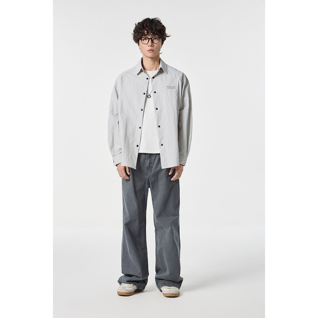 Unisex Relaxed Coach Shirt Jacket with Kent Collar, Snap Button Placket and Minimal Chest Print Mune Fashion