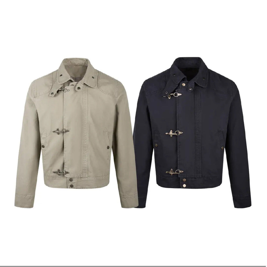 Men's Fashionable Short Jacket with Innovative Buckles and Practical High-Collar Mune