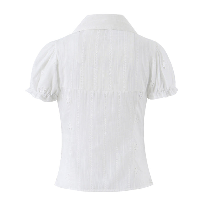 Women Broderie-Anglaise blouse with puff sleeves, waist emphasis and front tie Mune Fashion