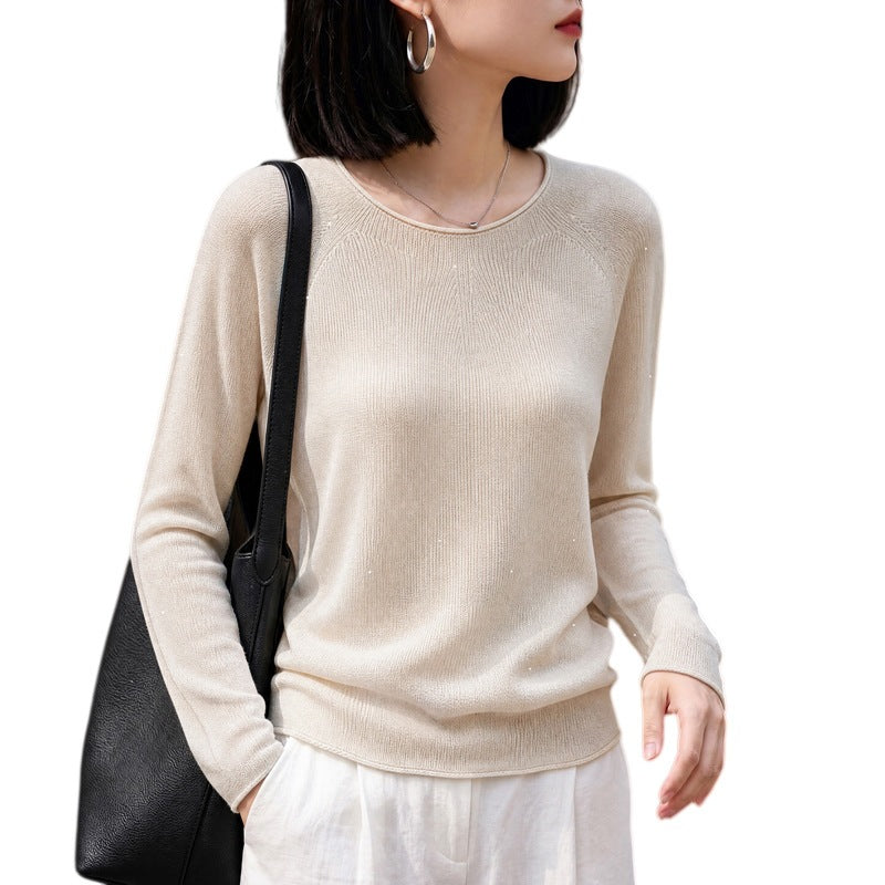 Women Light Round Neck Sweater in Cashmere Look with Raglan Sleeves Mune Fashion
