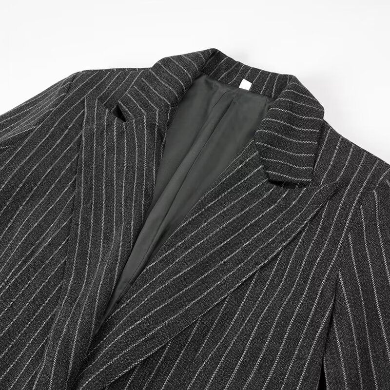 Women Longline Wool Blend Coat with Pinstripes, Tailored Lapel and Flap Pockets Mune Fashion