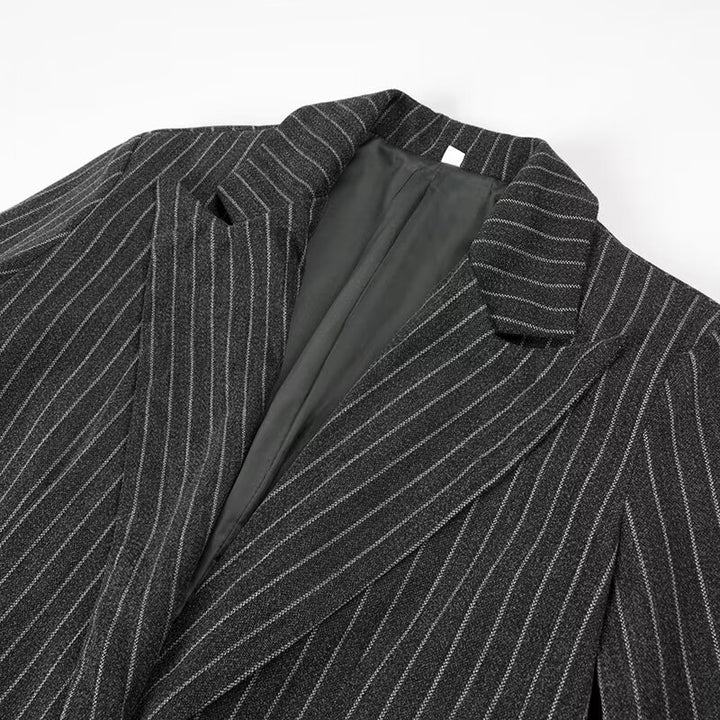 Women Longline Wool Blend Coat with Pinstripes, Tailored Lapel and Flap Pockets Mune Fashion