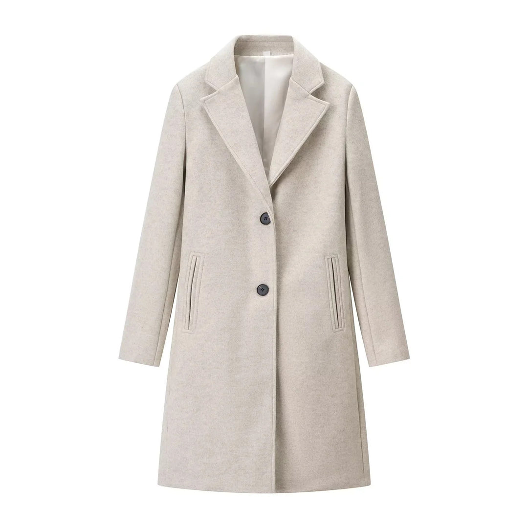 Women's knee-length single-breasted wool blend coat with lapel collar and welt pockets Mune Fashion