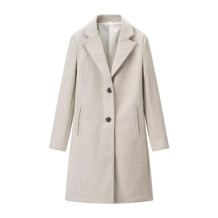 Women's knee-length single-breasted wool blend coat with lapel collar and welt pockets Mune Fashion