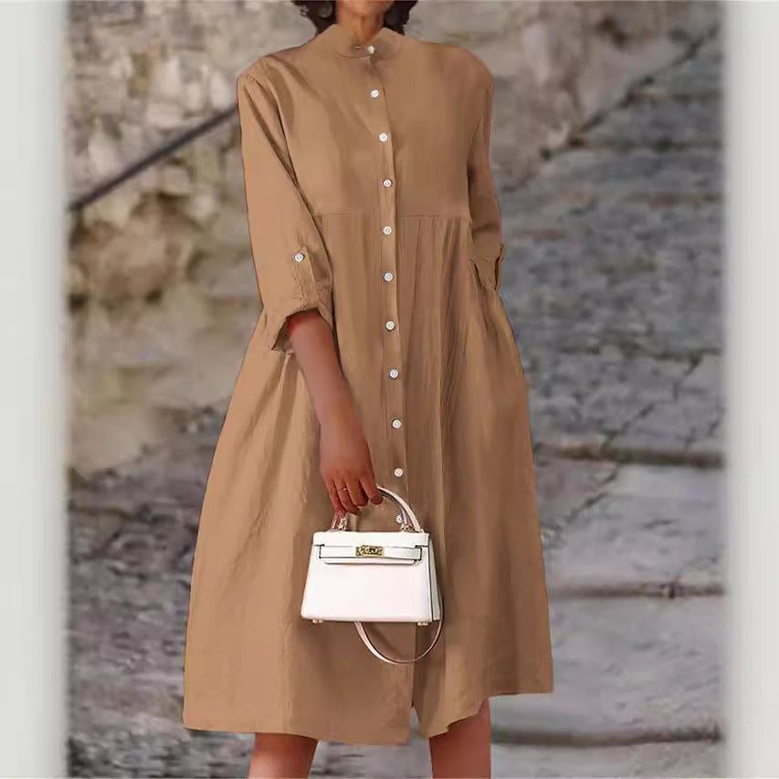 Women's Oversize Midi Dress in Linen Look with Standing Collar, Button Placket and Side Pockets Mune Fashion
