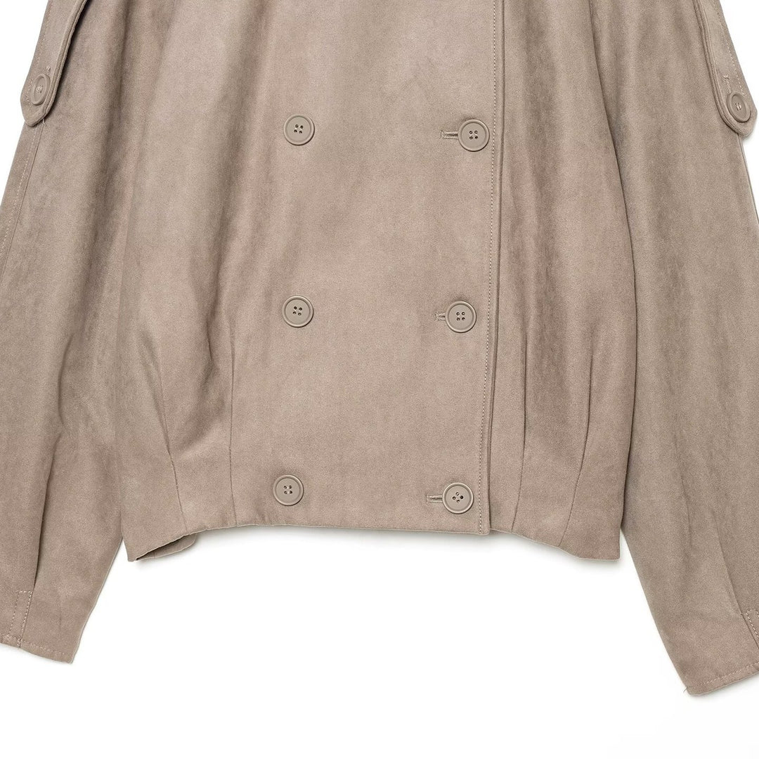 Women's Cropped Cape Trench Coat in Velvet Look with High Standing Collar, Epaulettes, and Double-Breasted Button Placket Mune Fashion