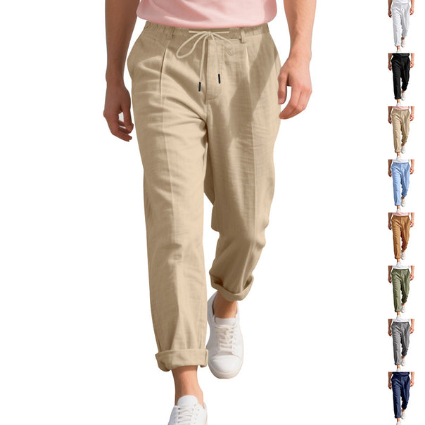 Men's beach-suitable linen blend lounge pants with elastic drawstring, subtle pleat, and rolled ankle hem Mune Fashion