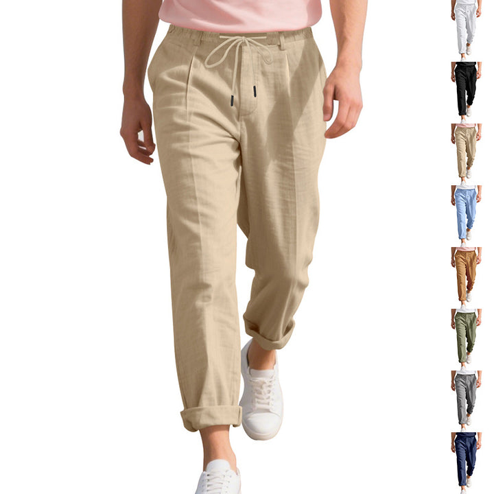 Men's beach-suitable linen blend lounge pants with elastic drawstring, subtle pleat, and rolled ankle hem Mune Fashion