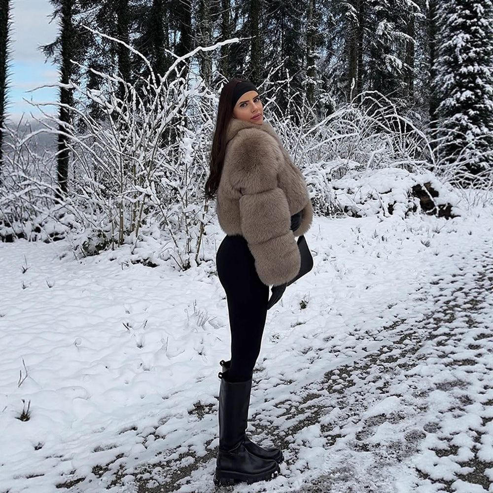 Women's Short Cut Luxury Faux Fur Blouson with Voluminous Shawl Collar Mune Fashion