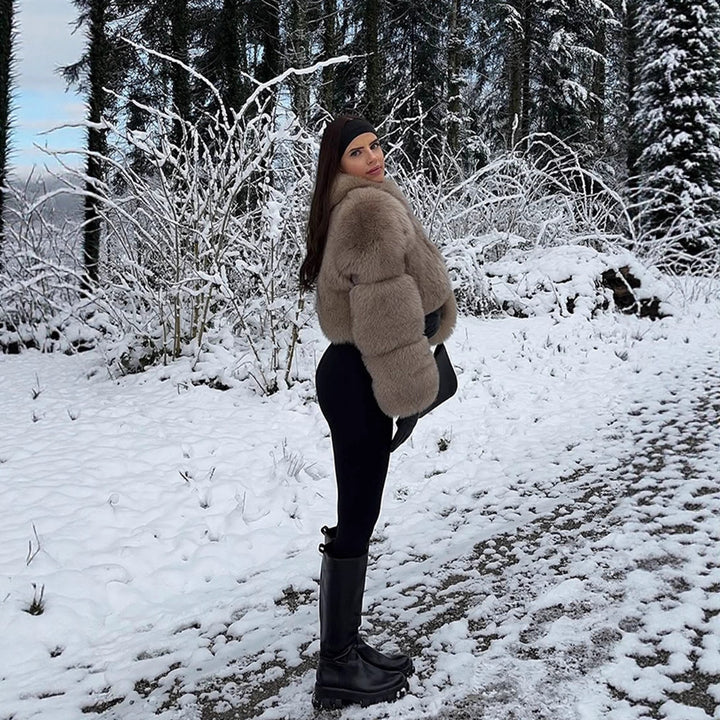 Women's Short Cut Luxury Faux Fur Blouson with Voluminous Shawl Collar Mune Fashion