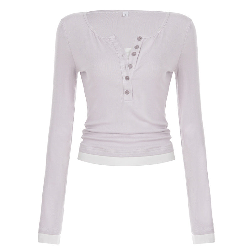 Women's tailored henley crop long sleeve with contrasting hem and sleeve cuffs Mune Fashion
