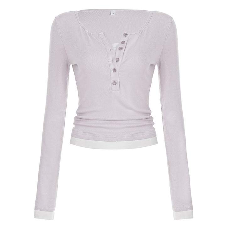 Women's tailored henley crop long sleeve with contrasting hem and sleeve cuffs Mune Fashion