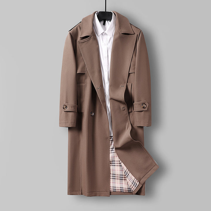 Men's Midi Length Double Breasted Trench Coat with Waist Belt, Notched Lapel and Checked Lining Mune Fashion