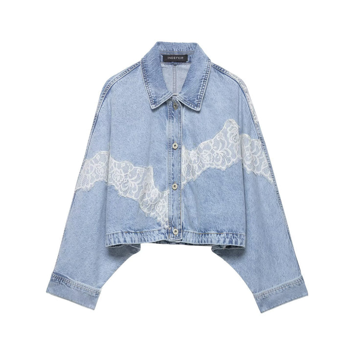 Women Short Cut Oversized Denim Jacket with Lace Detail and Batwing Sleeves Mune Fashion