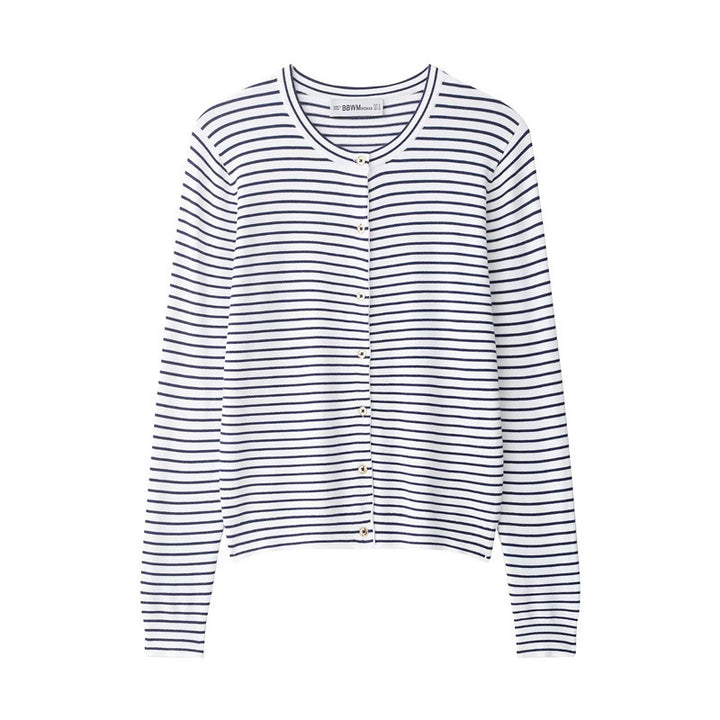 Women's fine knit cardigan with nautical striped pattern, round neckline and mother-of-pearl button placket Mune Fashion