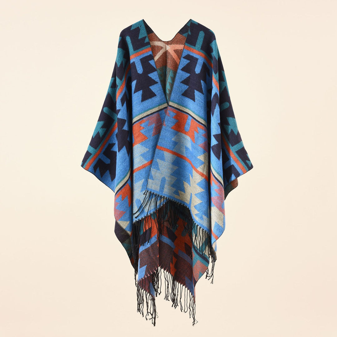 Women Oversize Ruana with V-neck, coarse jacquard pattern and long fringes Mune Fashion
