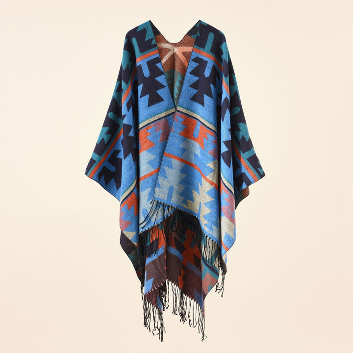 Women Oversize Ruana with V-neck, coarse jacquard pattern and long fringes Mune Fashion