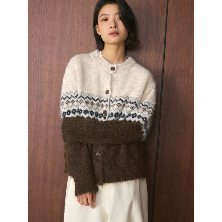 Women's Norwegian Pattern Mohair Look Cardigan with Button Placket and Round Neckline Mune Fashion
