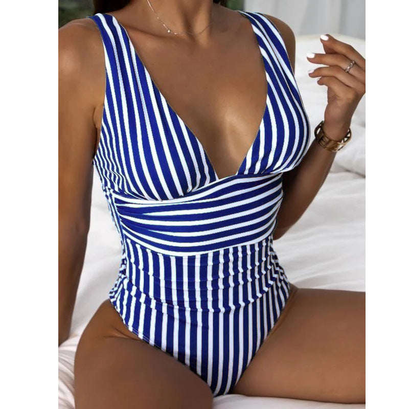 Women's One-Piece Swimsuit with Deep V-Neck and Fashionable Stripes Mune Fashion