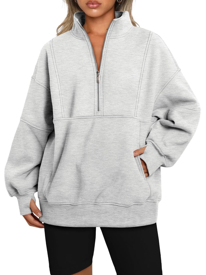 Women's Oversized Sweatshirt with Half Zipper, Stand-Up Collar and Kangaroo Pocket Mune Fashion