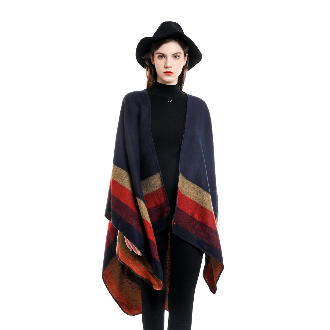Women's wool-look poncho with asymmetrical block stripes and decorative stitch edge Mune Fashion