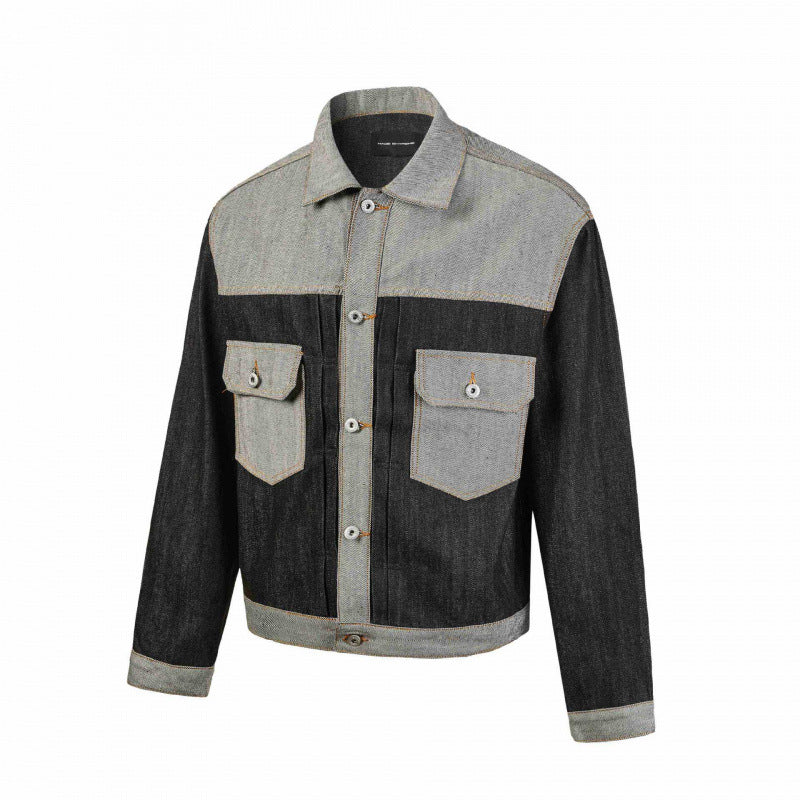 Men's cropped patchwork denim jacket with flap pockets and constructive seam guidance Mune Fashion