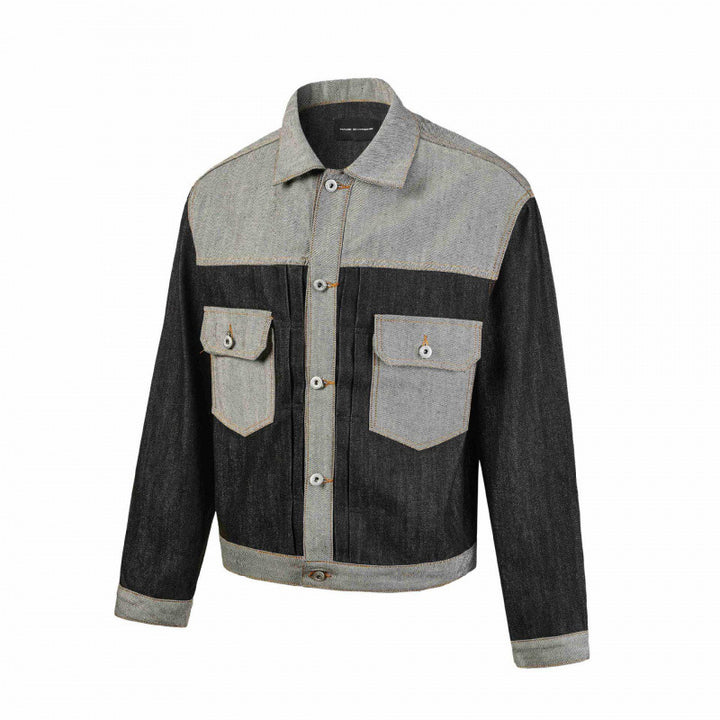 Men's cropped patchwork denim jacket with flap pockets and constructive seam guidance Mune Fashion