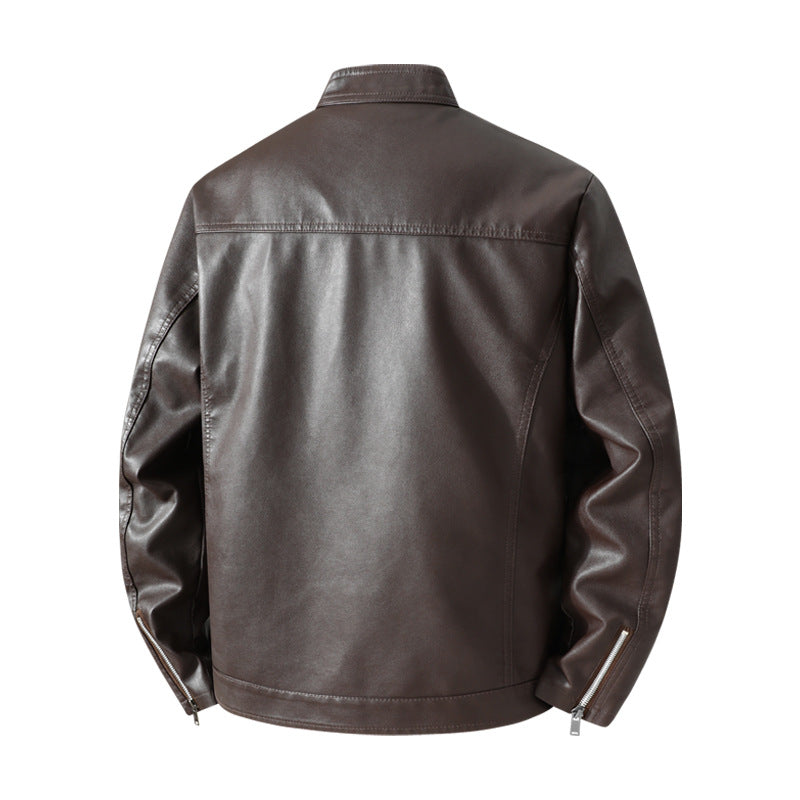Men's Simple Faux Leather City Jacket with Stand Collar, Two-Way Zipper & Side Pockets Mune Fashion