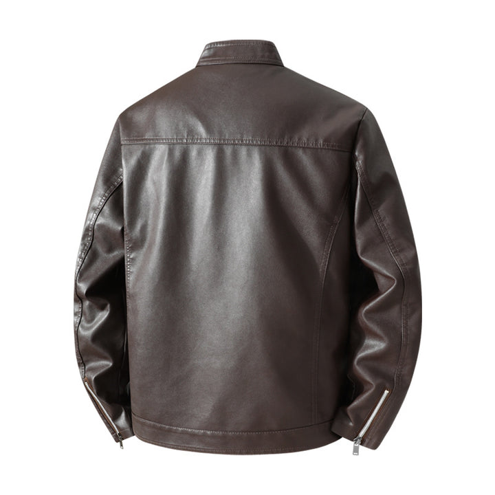 Men's Simple Faux Leather City Jacket with Stand Collar, Two-Way Zipper & Side Pockets Mune Fashion