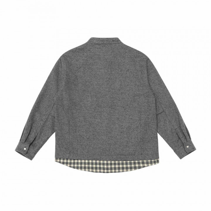 Unisex Oversize Wool Blend Shirt Jacket with Stand-up Collar, Snap Button Placket and Checked Hem Band Mune Fashion