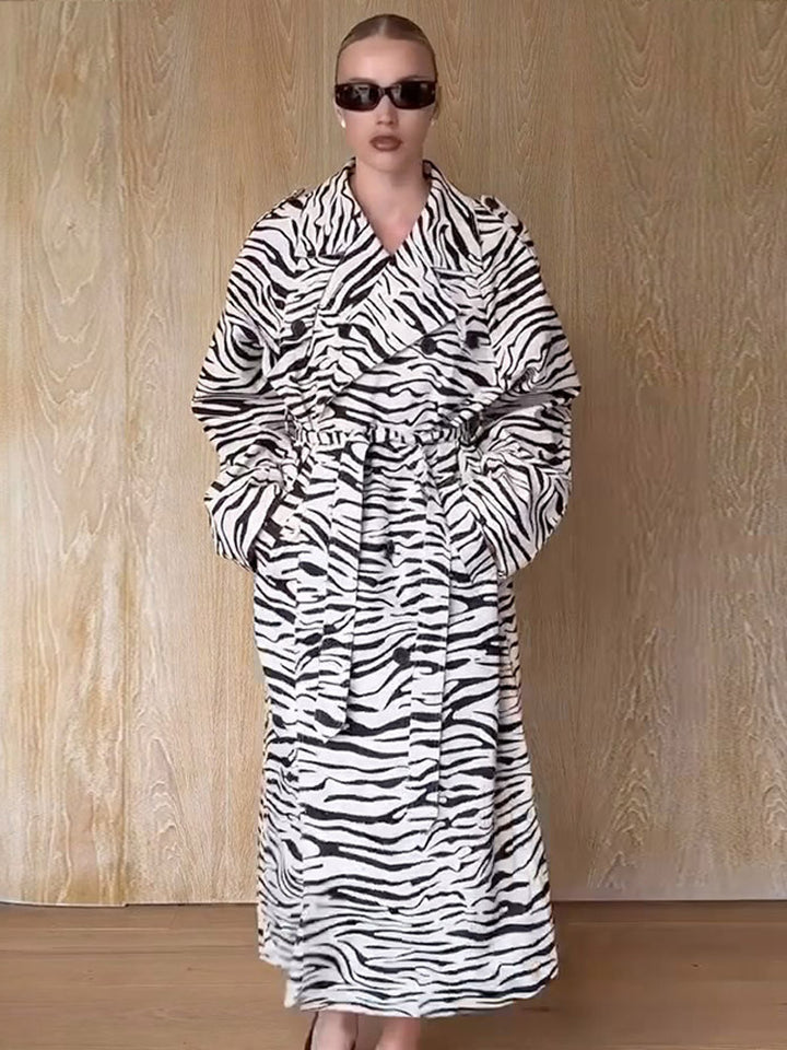 Women's Maxilength Trench Coat in Animal Print with Voluminous Shawl Collar, Tied Belt and Boxy Silhouette Mune Fashion