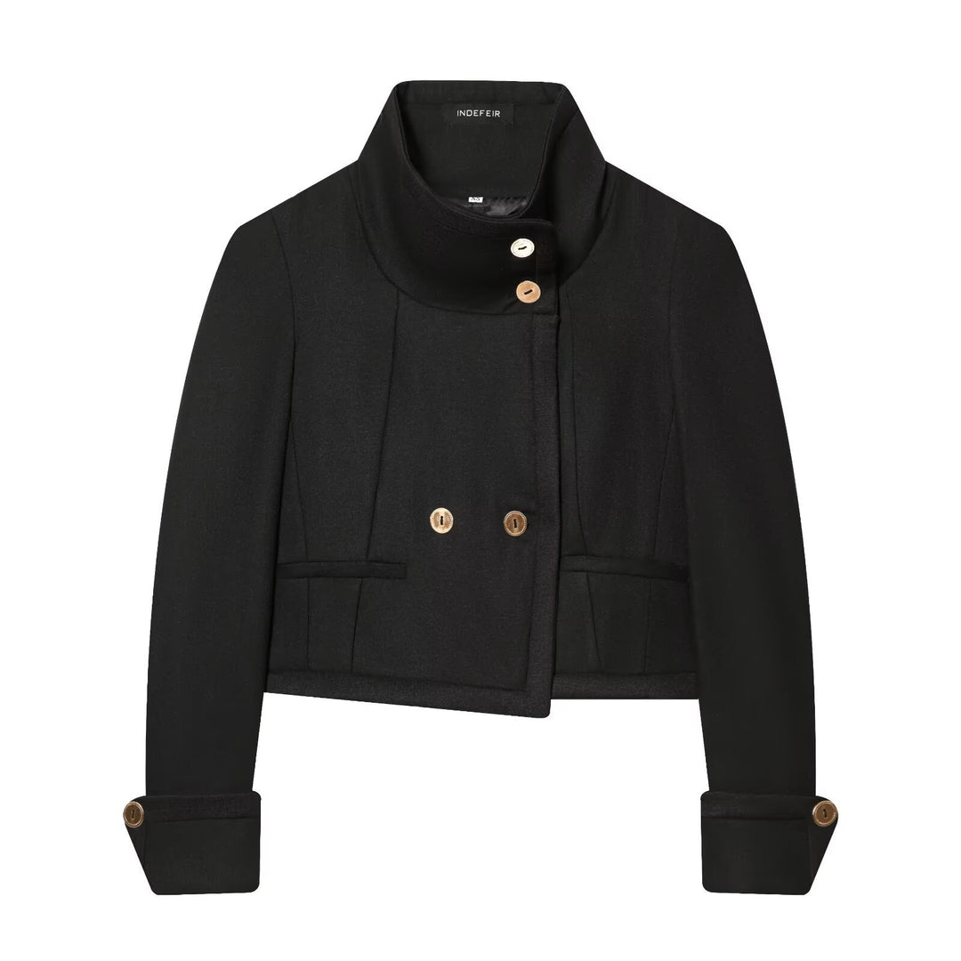 Women's short blazer with stand-up collar, double-breasted button placket and golden decorative buttons Mune Fashion