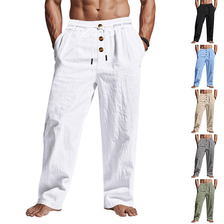Men's relaxed pants in linen look with decorative button placket and drawstring waistband Mune Fashion
