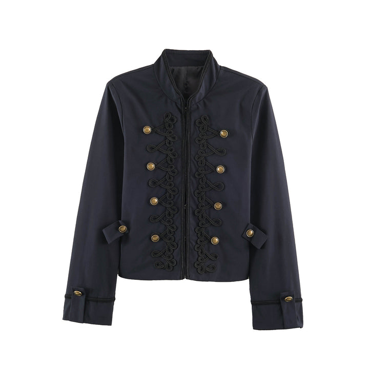 Women's Short Military Style Jacket with Ornamental Cord and Button Decoration Mune Fashion