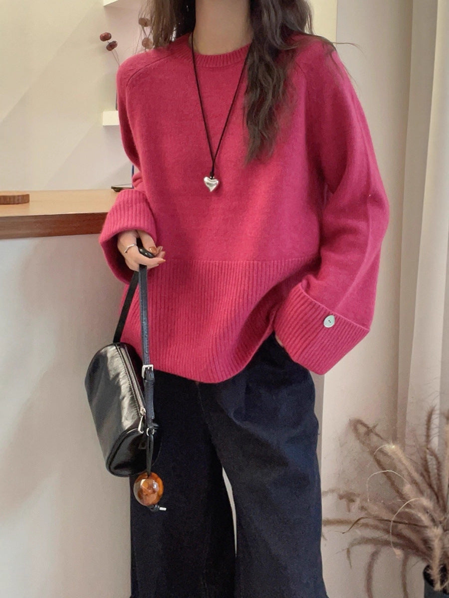 Women's Oversized Fine Knit Sweater with Wide Ribbed Hem, Extra Wide Sleeve Cuffs and Decorative Button Mune Fashion