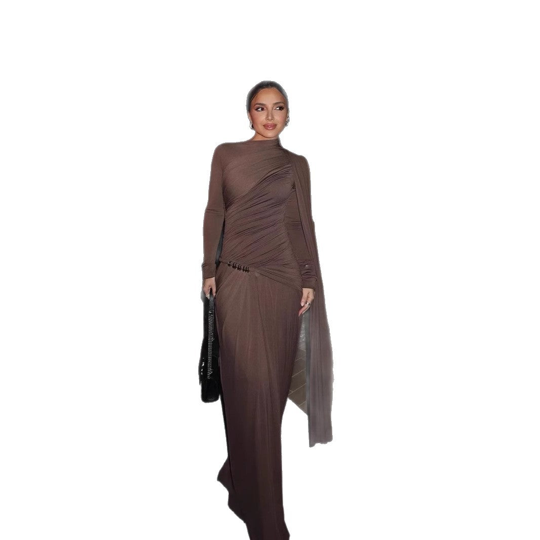 Women's figure-hugging evening dress with asymmetrical draping, gathered bodice and long draped bow Mune Fashion