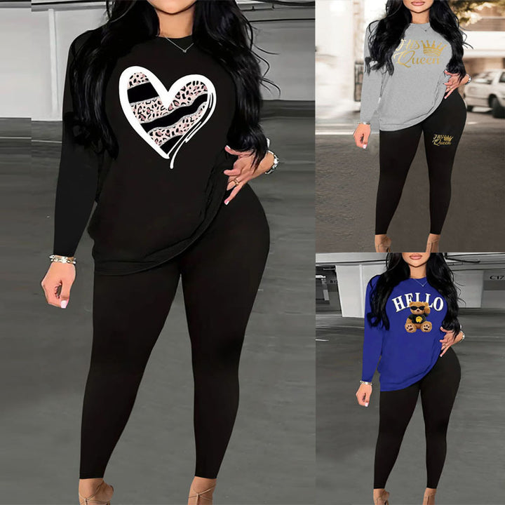 Women's Two-Piece Lounge Set with Heart Print Sweatshirt and High-Waist Leggings Mune Fashion