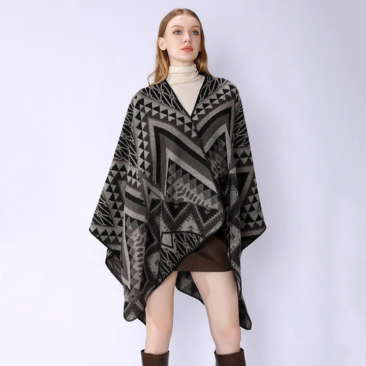 Women Structured Jacquard Poncho Overlay with Graphic Ethno Pattern and Open Kimono Fall Mune Fashion