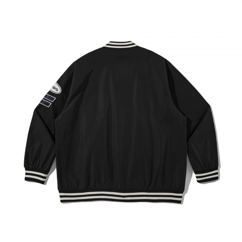 Unisex College Bomber Jacket with quilted patch, striped ribbed hems and snap button placket Mune Fashion