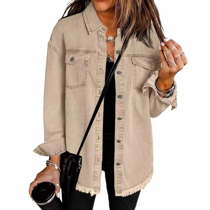 Ladies Denim Overshirt with Fringed Hem and Chest Pockets Mune