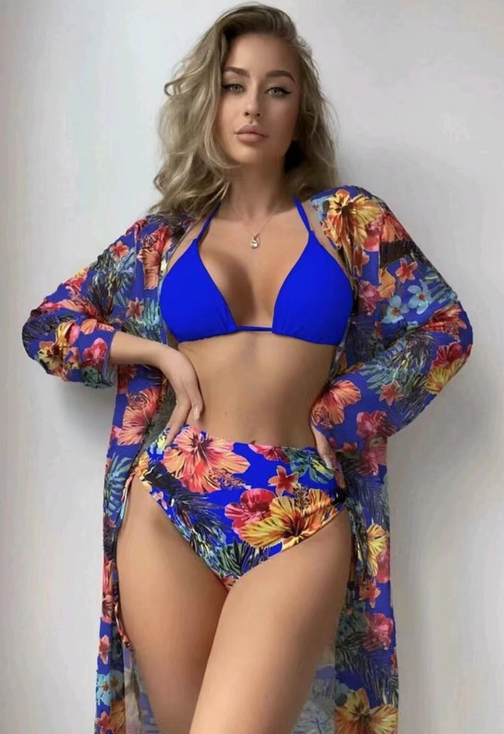 Women Colorful Bikini with Confident High-Waisted Bottom and Transparent Beach Cover Mune Fashion