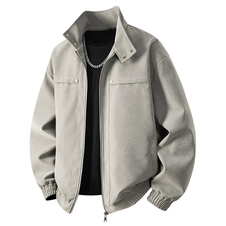Men's Suede-Look Bomber Jacket with Stand-Up Collar, Zipper and Elastic Hem Mune Fashion