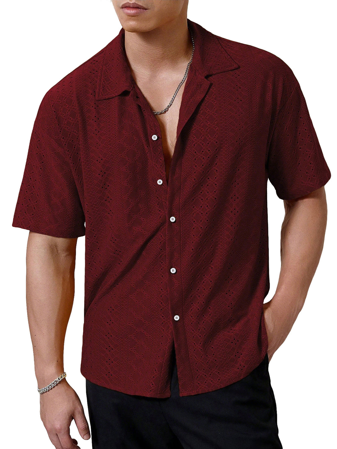 Men's short-sleeve casual shirt with openwork embroidery, lapel collar and relaxed fit Mune Fashion