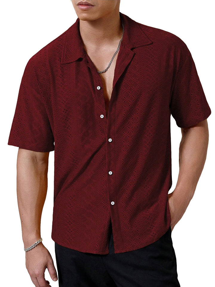 Men's short-sleeve casual shirt with openwork embroidery, lapel collar and relaxed fit Mune Fashion