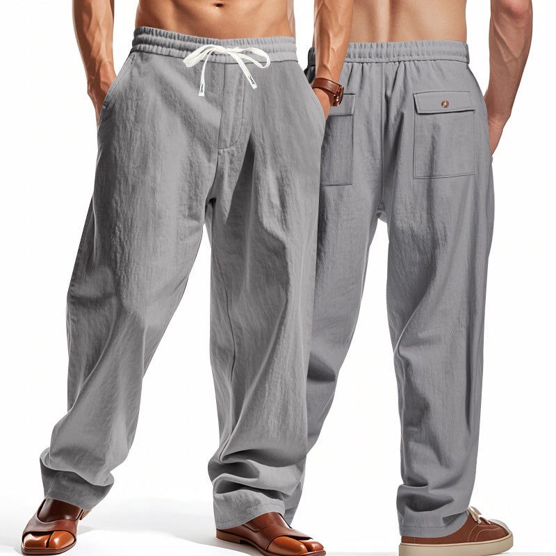 Men's casual linen leisure pants with elastic waistband drawstring and patch back pockets Mune Fashion