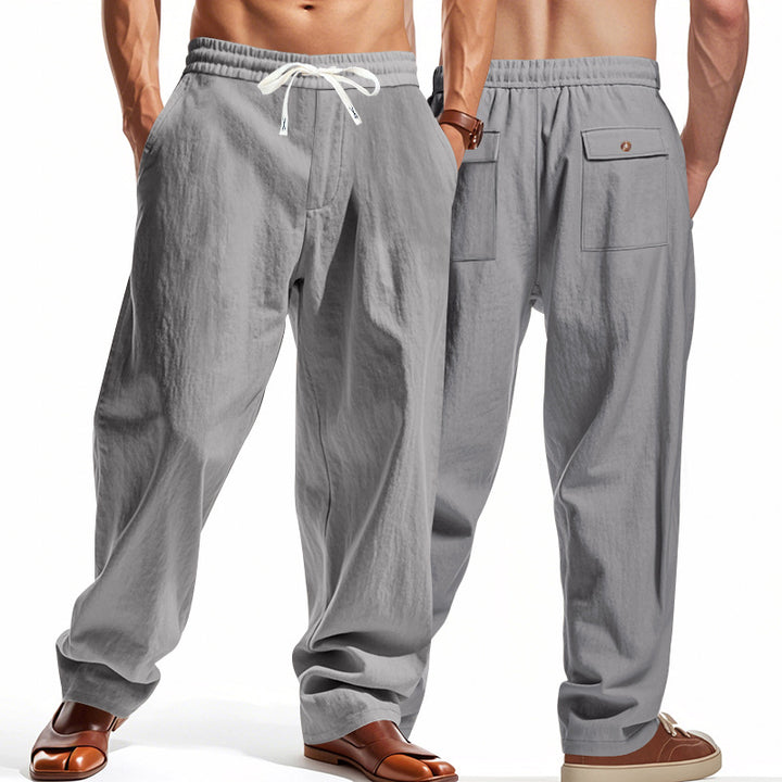 Men's casual linen leisure pants with elastic waistband drawstring and patch back pockets Mune Fashion