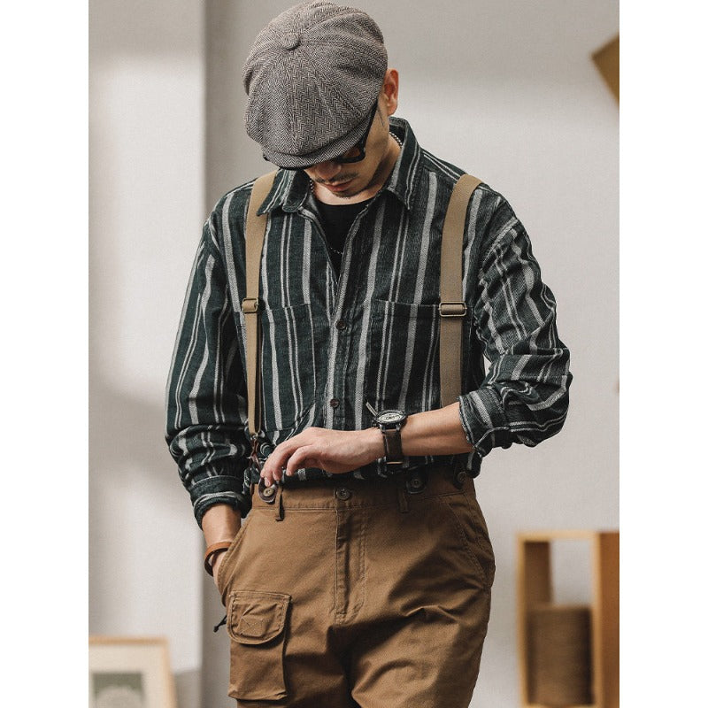 Men Striped Overshirt-Shirt made of Cotton-Linen with Chest Pockets Mune Fashion