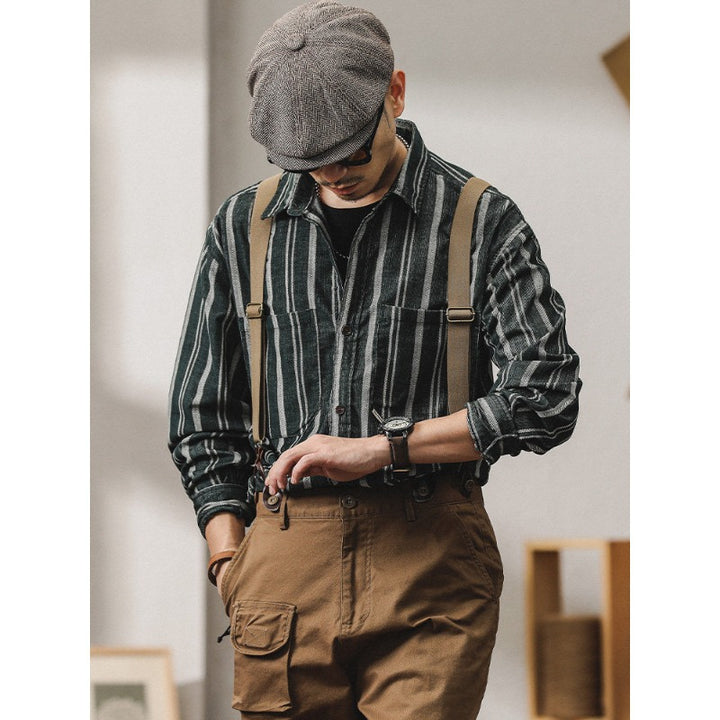 Men Striped Overshirt-Shirt made of Cotton-Linen with Chest Pockets Mune Fashion