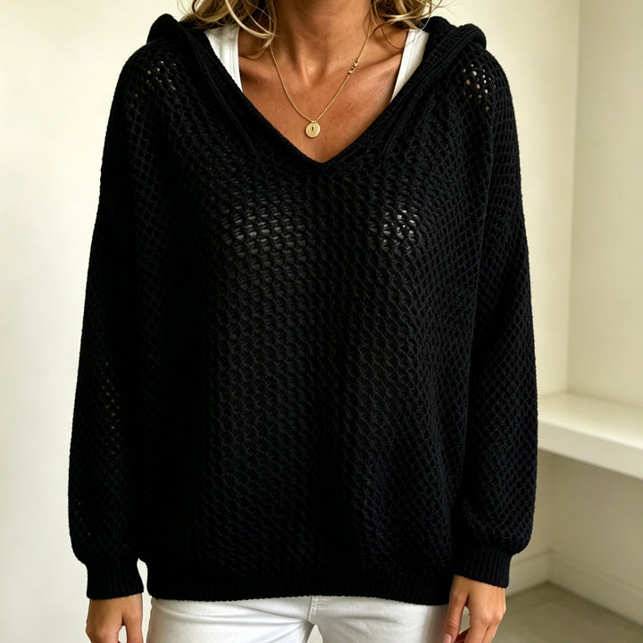 Women's Chunky Knit V-Neck Sweater with Hood and Lace Pattern Mune Fashion
